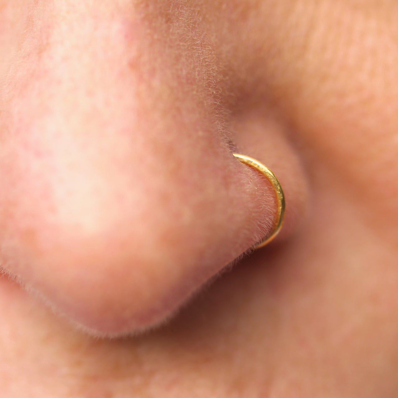 A nose wearing a 22 ct gold nose ring made by Fruit Bowl Studio, Wānaka, New Zealand.
