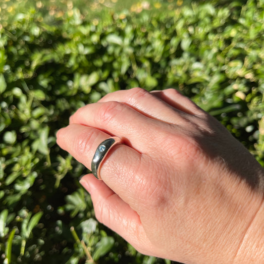 Hand wearing a ring with a silver ring with blue gem, against a blurred green background