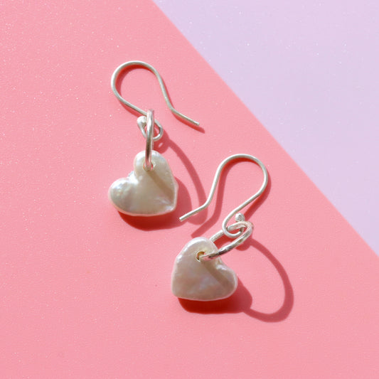 Fruit Bowl Studio Pearl Heart Earrings. Made in Wānaka, New Zealand.
