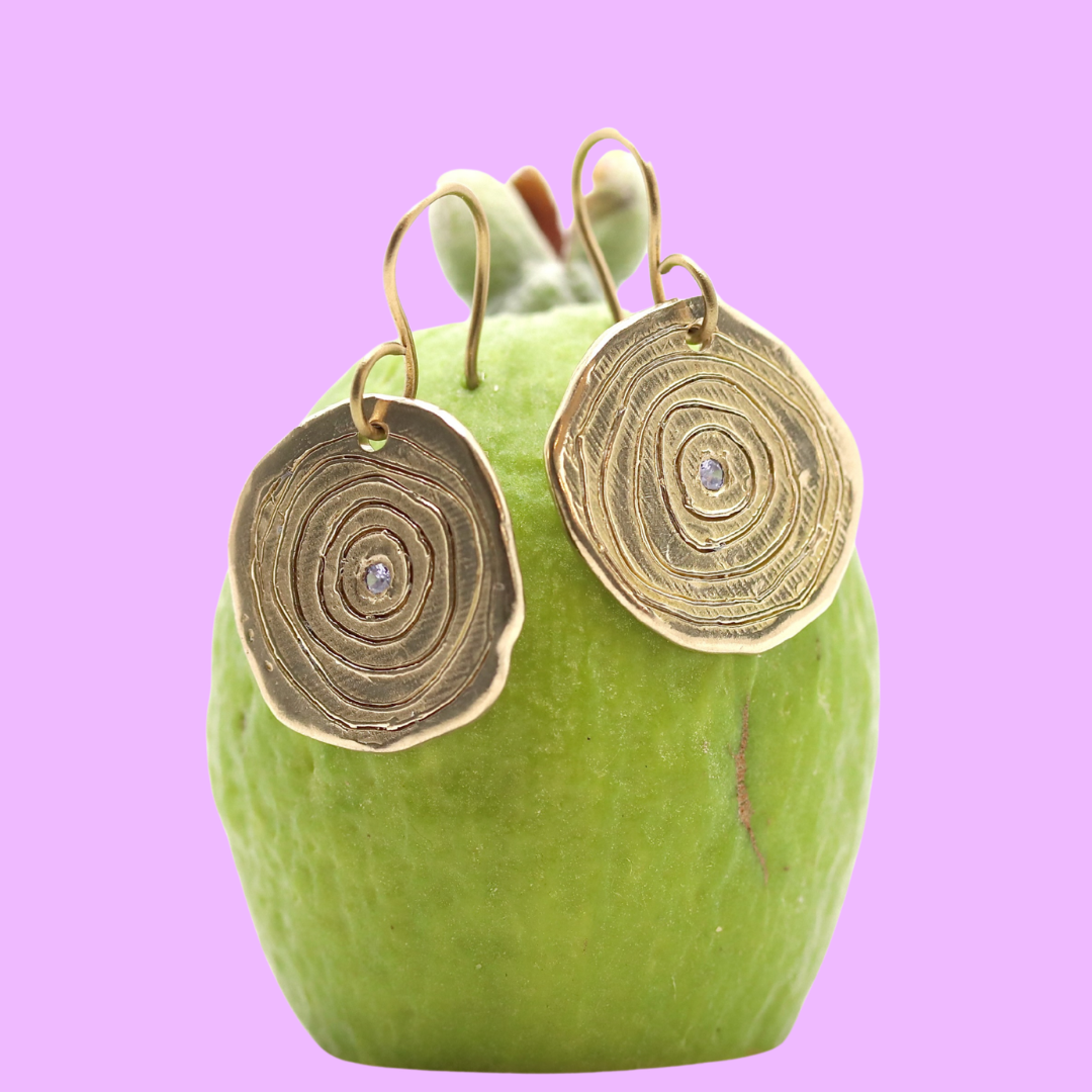 Gold circular earrings with a central gemstone on a green feijoa against a purple background