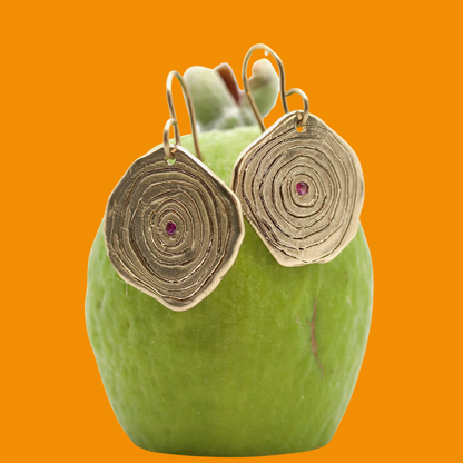 Gold spiral earrings with red stones on a green feijoa against an orange background