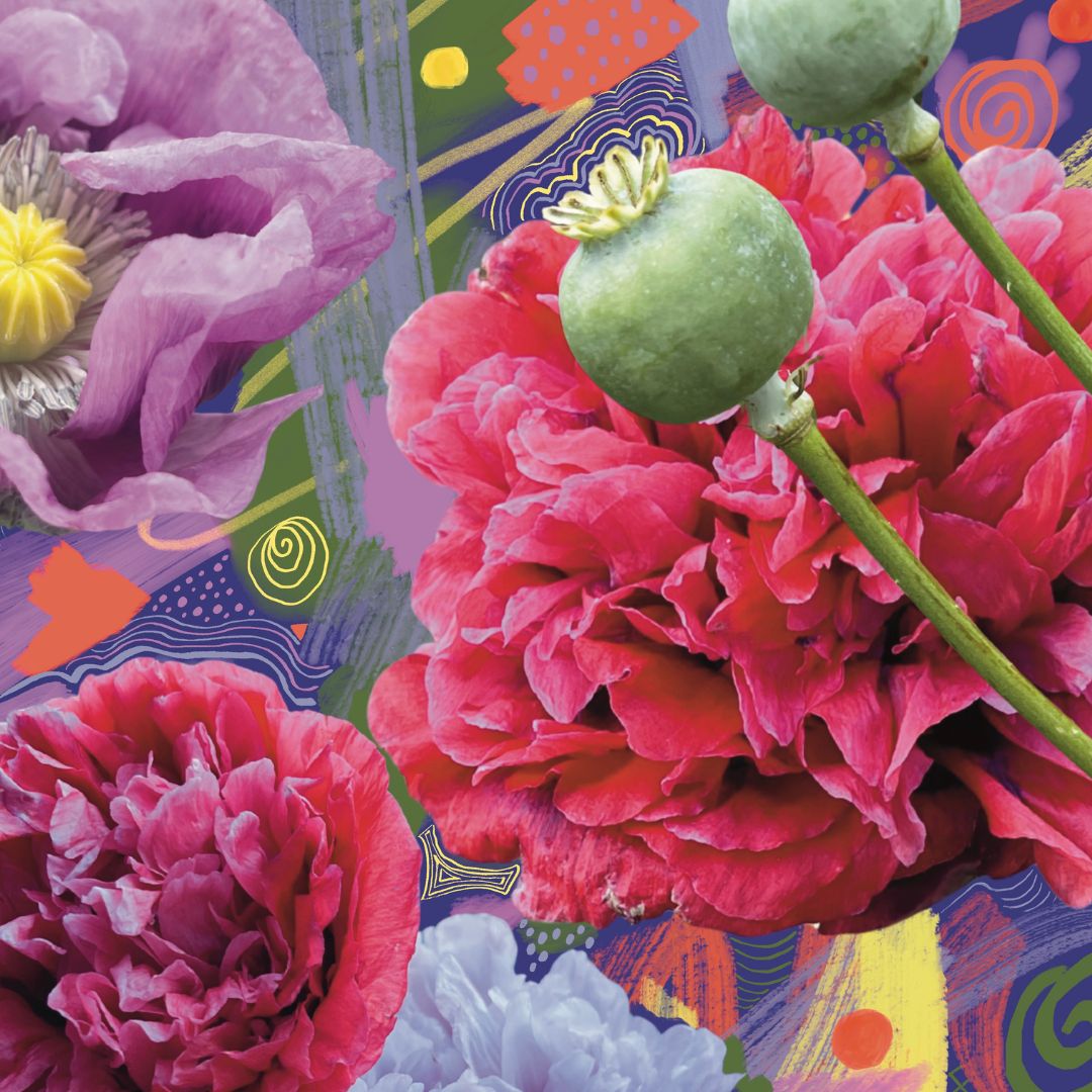 Colorful floral collage with pink flowers and abstract patterns