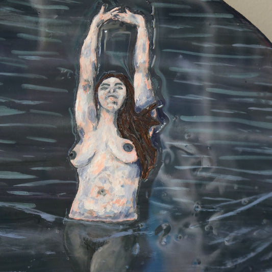 Artistic depiction of a woman partially submerged in water with raised arms.