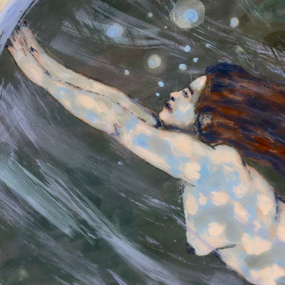 Close-up painting of a woman underwater with bubbles.