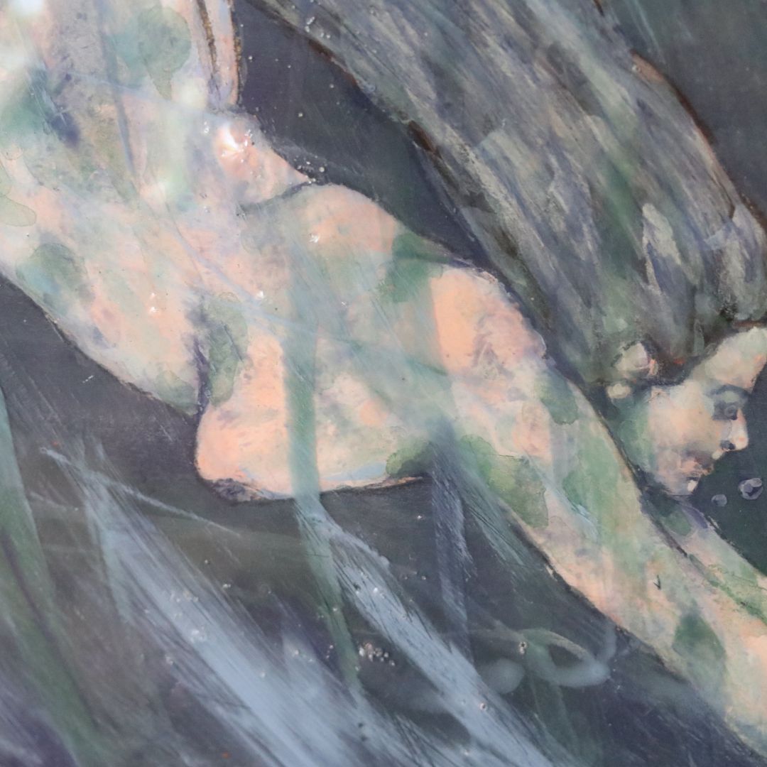 Close up detail of painting of woman's face and breast underwater