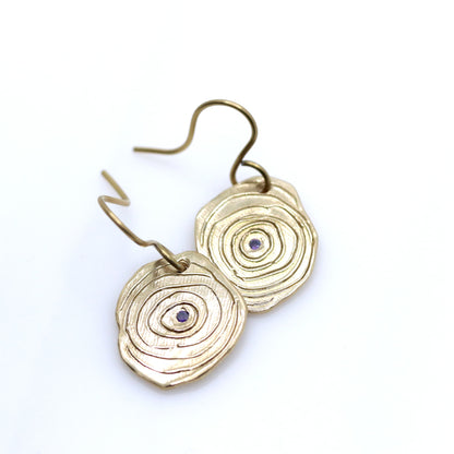 Gold circular earrings with a central gemstone on a white background