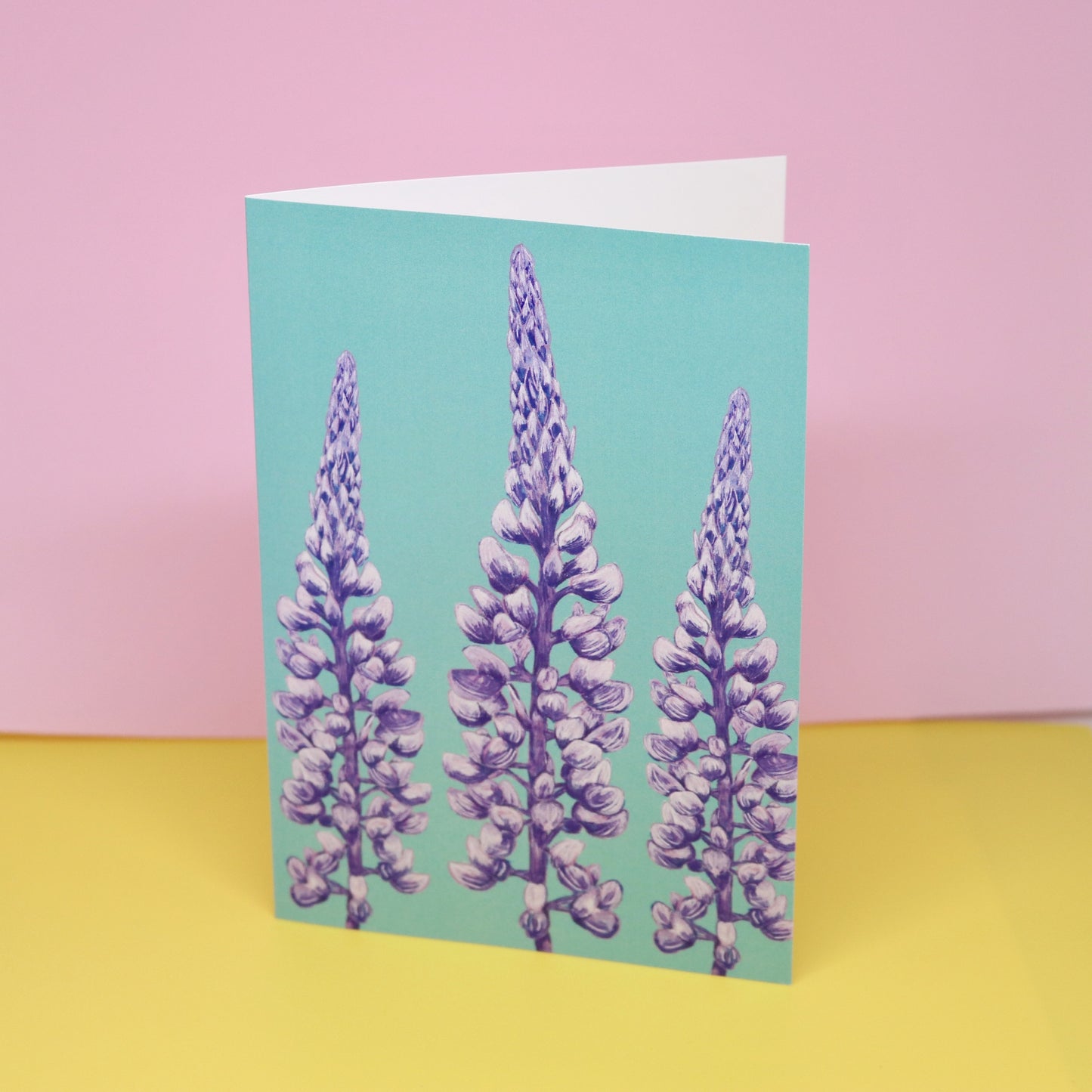 Greeting card with purple floral design on a pink and yellow background. New Zealand made illustrated greeting card with lupin print