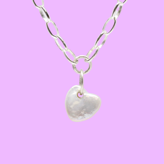 Pearl Heart Silver Necklace. Jewellery made by Fruit Bowl Studio Wānaka
