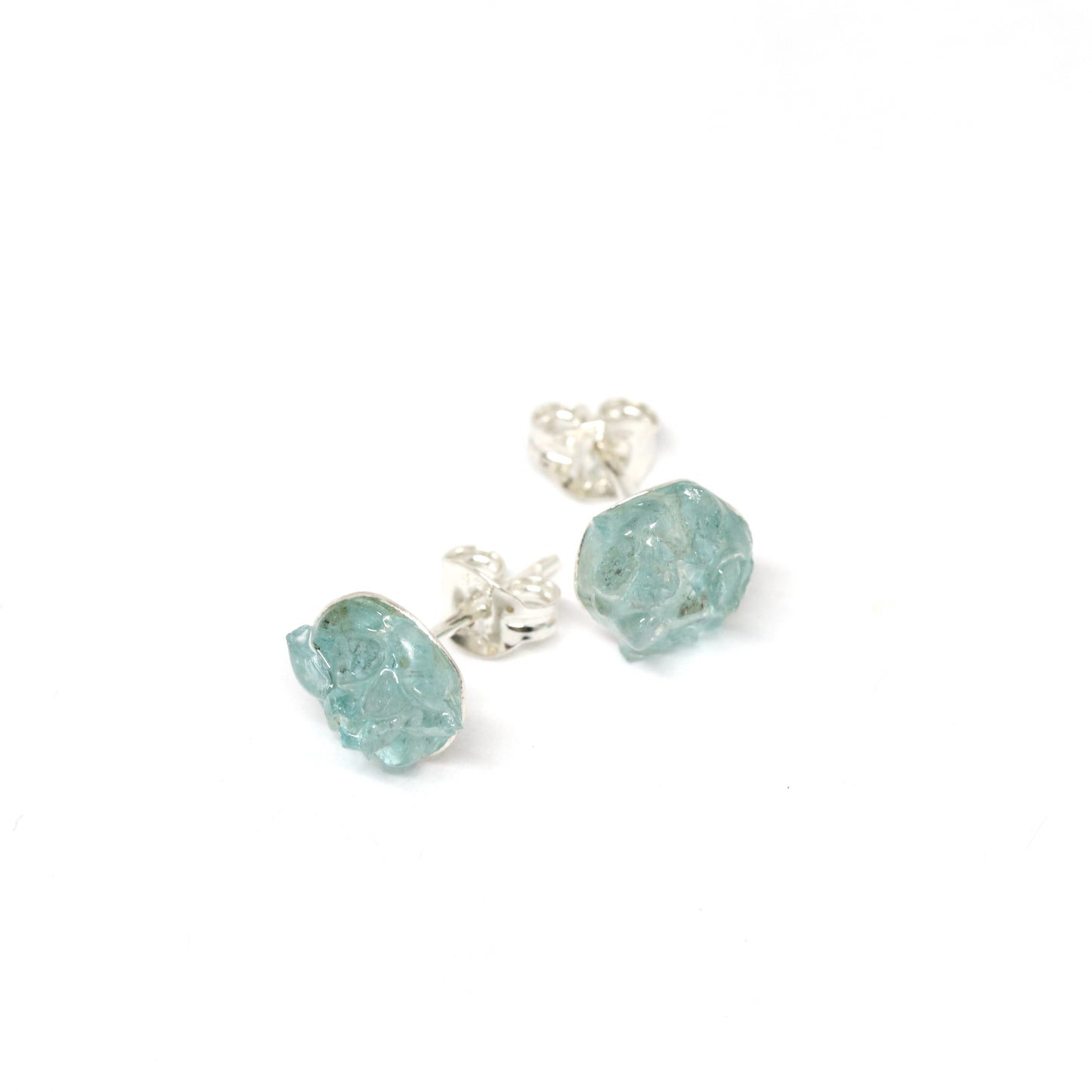 Apatite (pale). Gemstone and silver stud earrings. Made in Wanaka. Unique, colourful jewellery designed and crafted by New Zealand artist and jeweller Briar Hardy-Hesson.
