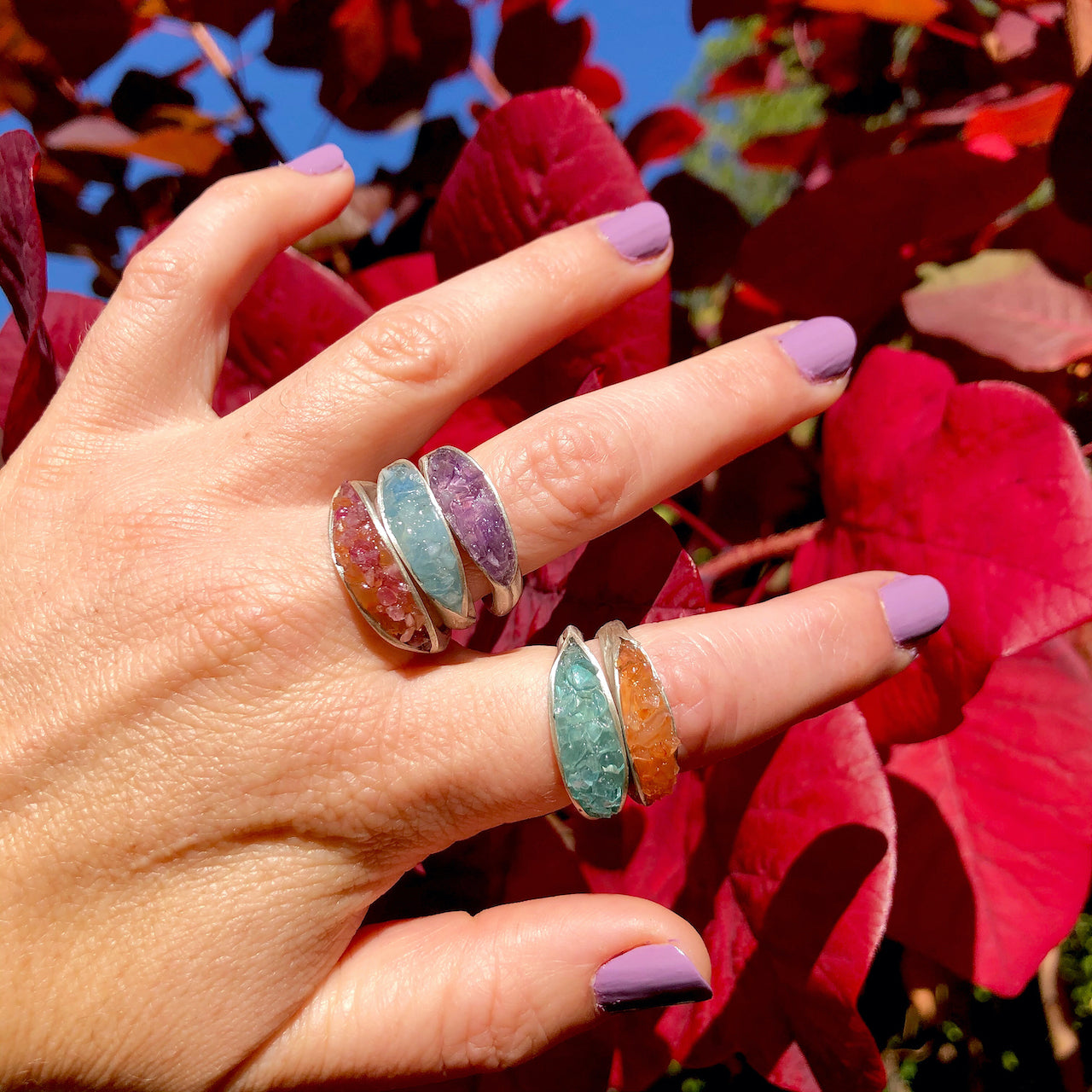 Silver and gemstone rings. Made in Wanaka. Unique, colourful jewellery designed and crafted by New Zealand artist and jeweller Briar Hardy-Hesson.