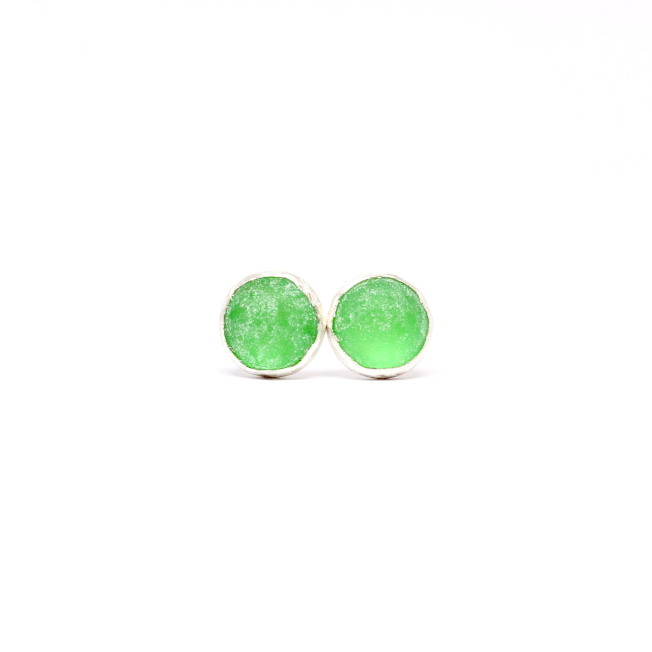 Green stud earrings. Hand made jewellery by Wānaka artist and jeweller Briar Hardy-Hesson.