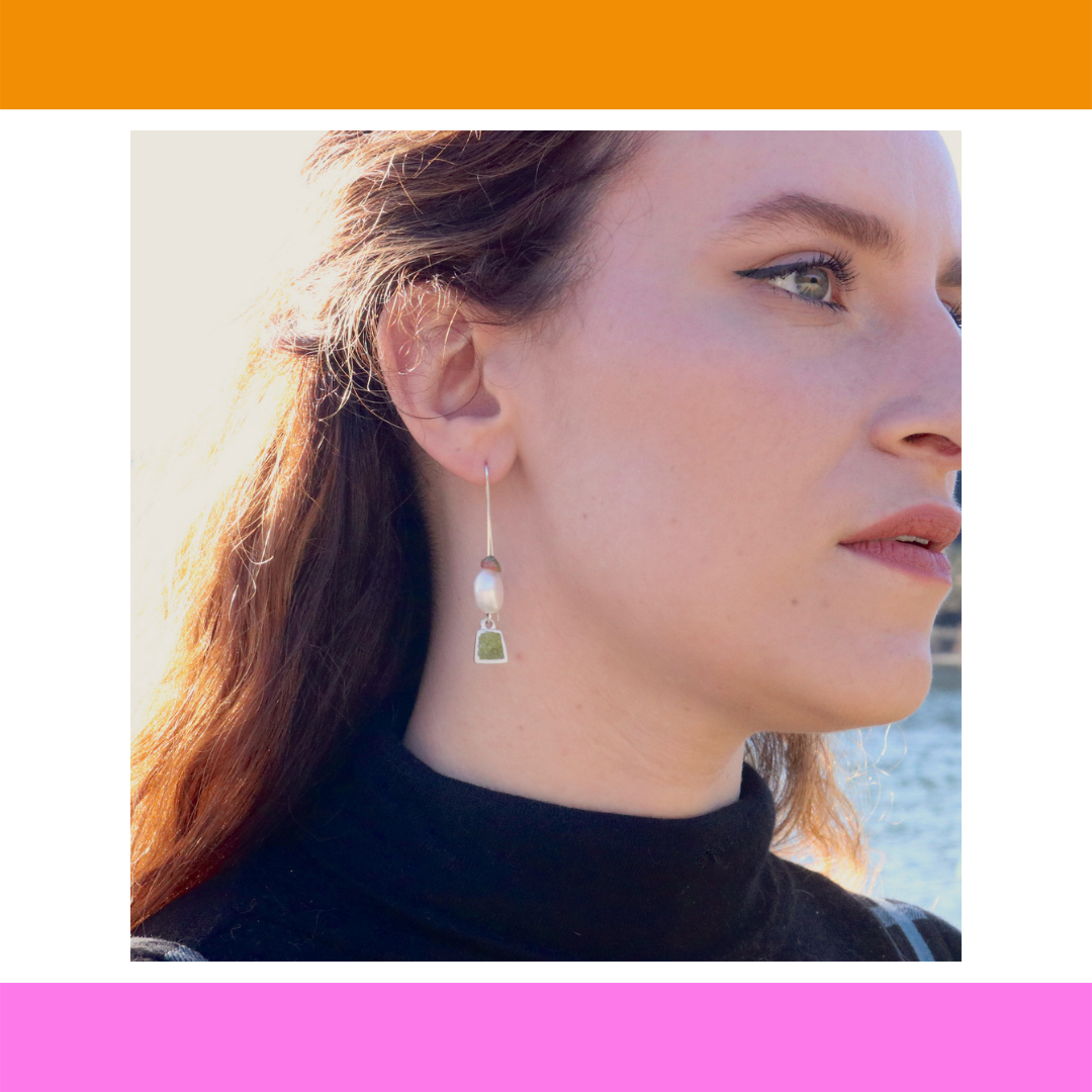 Pearl, silver and gemstone earrings. Made in Wānaka, one of a kind, colourful jewellery designed and crafted by Wānaka artist and jeweller Briar Hardy-Hesson.