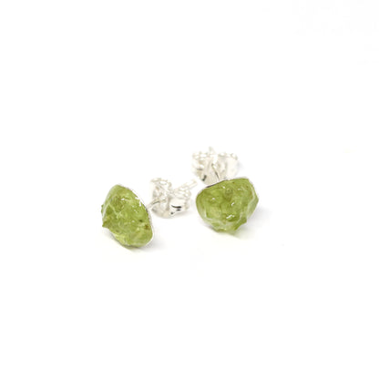 Peridot. Gemstone and silver stud earrings. Made in Wanaka. Unique, colourful jewellery designed and crafted by New Zealand artist and jeweller Briar Hardy-Hesson.