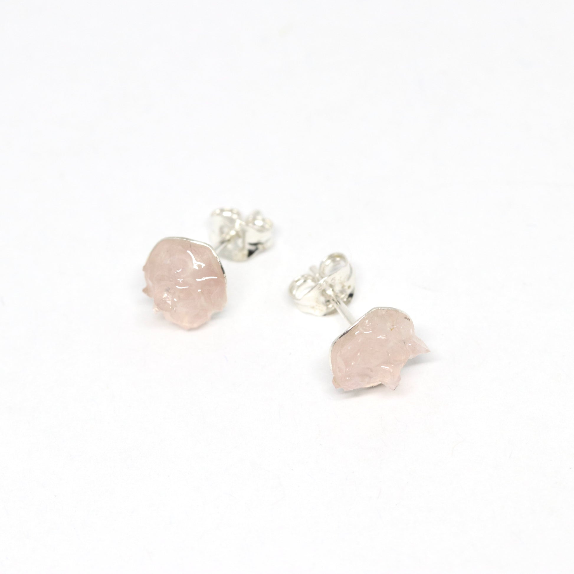 Pink Quartz. Gemstone and silver stud earrings. Made in Wanaka. Unique, colourful jewellery designed and crafted by New Zealand artist and jeweller Briar Hardy-Hesson.